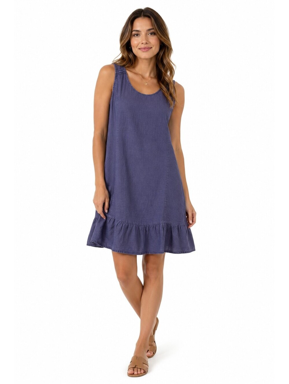 Terzo Millennio Italy 100% Linen Shift Dress Boho Ruffle Hem Tie Back Blue Small